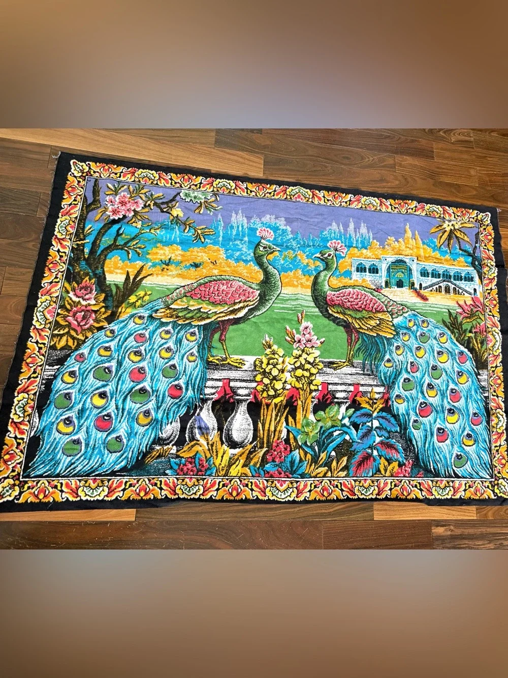 Vintage Double Peacock Wall Hanging Tapestry Cotton Velvet Tone Turkey 55 X 37